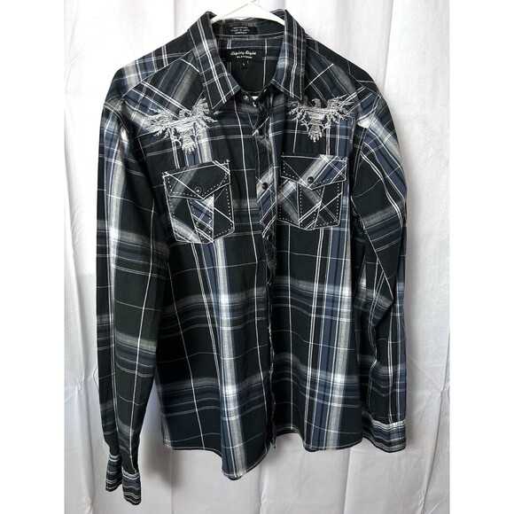 Eighty Eight Platinum Mens Large black Plaid long Sleeve Button Up Embroidered - Picture 1 of 11